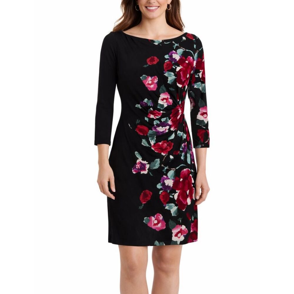 Lauren Ralph Lauren Dress 10 Black Pink Purple Floral Long Sleeve Ruched Stretch